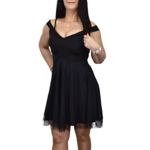 Arlena vállpántos tüllszegélyes ruha – Fekete