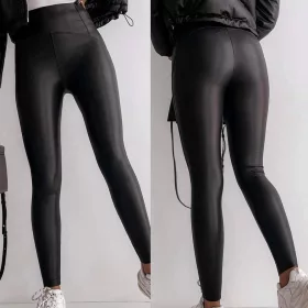 Plus size bőrhatású bélelt leggings – Fekete