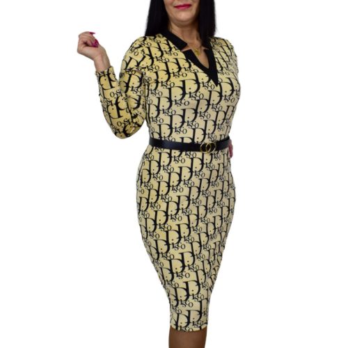 Plüss bársony krémszínű mintás női ruha