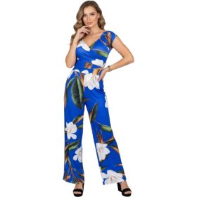   Fláva átlapolt vállrahúzható overál - királykék virágos