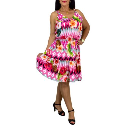 Sunny pántos V-nyakú midiruha - Rózsaszín virág mintás