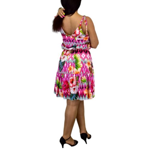 Sunny pántos V-nyakú midiruha - Rózsaszín virág mintás