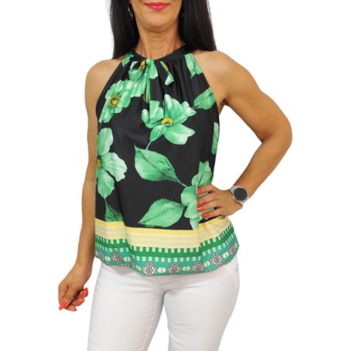 Lana ujjatlan felső- almazöld virág mintás