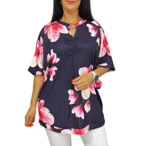 Alisa denevér ujjú plus size felső - rózsaszín virág mintás