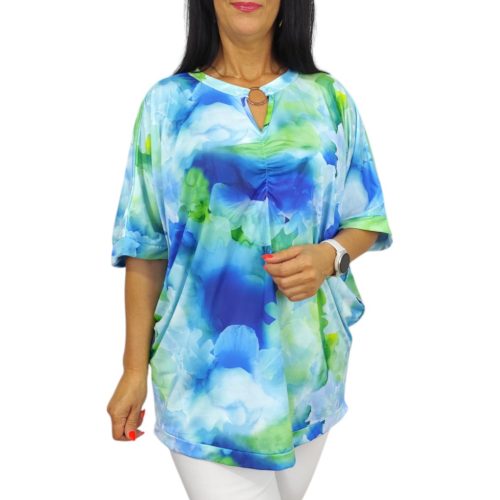 Alisa denevér ujjú plus size felső - kék-zöld virág mintás