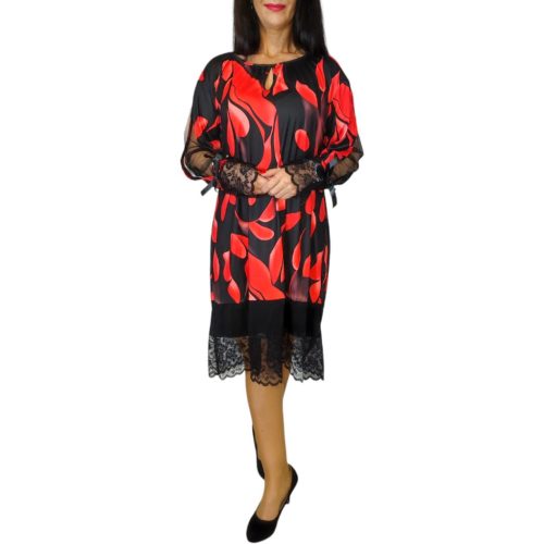 Luisa csipkés piros levélmintás elegáns ruha