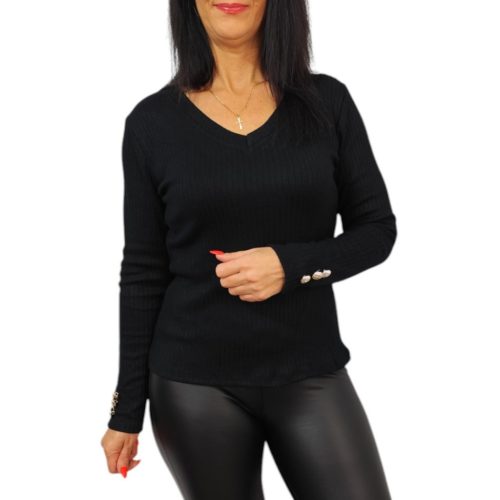 Ivett elegáns V-nyakú felső gombdíszítéssel – Fekete