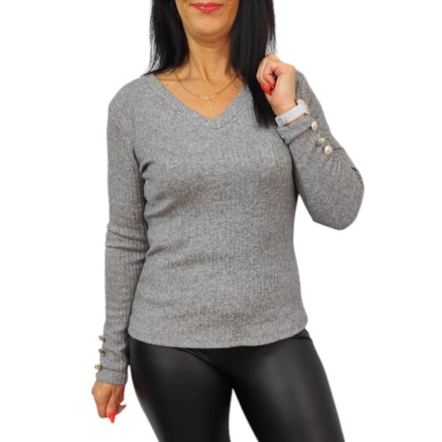 Ivett elegáns V-nyakú felső gombdíszítéssel – Szürke