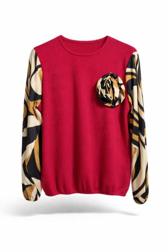 Lia színes mintás ujjakkal bézs-piros felső