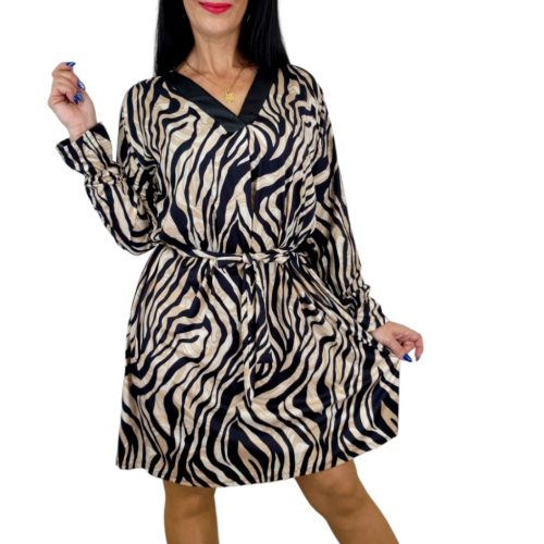 Leora V-nyakú bőrbetétes ruha – Zebramintás