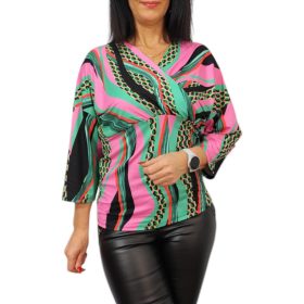 Maya átlapolt V-nyakú felső – Pink-zöld mintás