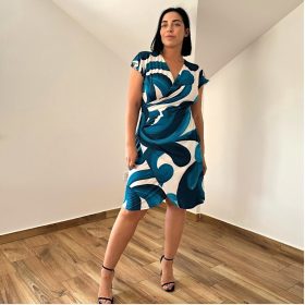 Alexa átlapolt türkizkék mintás midi ruha