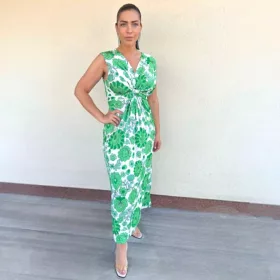 Barby V-nyakú maxi ruha- zöld matyó mintás