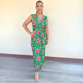 Barby V-nyakú maxi ruha- erdőzöld virág mintás