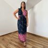 Barby V-nyakú maxi ruha - sötétkék-rózsaszín mintás