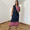 Barby V-nyakú maxi ruha - sötétkék-rózsaszín mintás