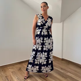Barby V-nyakú maxi ruha - sötétkék mintás II.