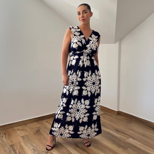 Barby V-nyakú maxi ruha - sötétkék mintás II.