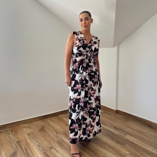 Barby V-nyakú maxi ruha - barna virág mintás