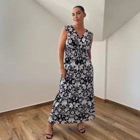 Barby V-nyakú maxi ruha - fehér virág mintás