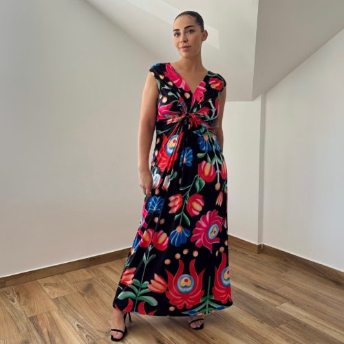 Barby V-nyakú maxi ruha - színes kalocsai mintás