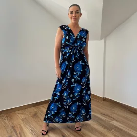 Barby V-nyakú maxi ruha - kék matyó mintás