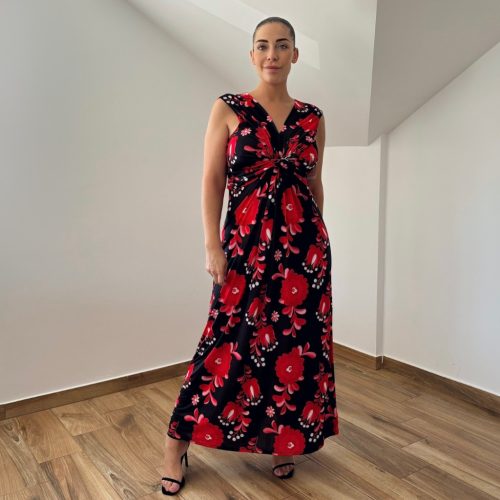 Barby V-nyakú maxi ruha - piros matyó mintás