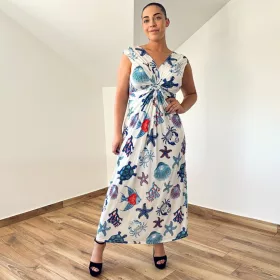 Barby V-nyakú maxi ruha - kék tengeri mintás