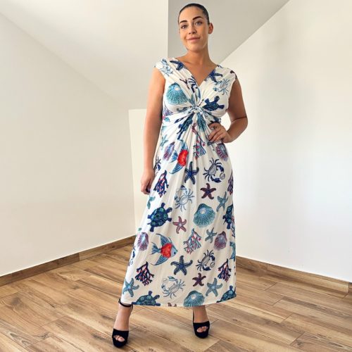 Barby V-nyakú maxi ruha - kék tengeri mintás