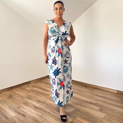 Barby V-nyakú maxi ruha - kék tengeri mintás