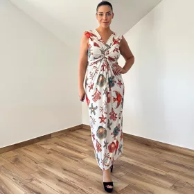 Barby V-nyakú maxi ruha - piros tengeri mintás