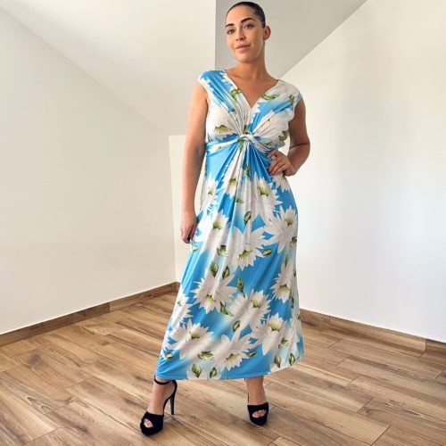 Barby V-nyakú maxi ruha - égkék virág mintás