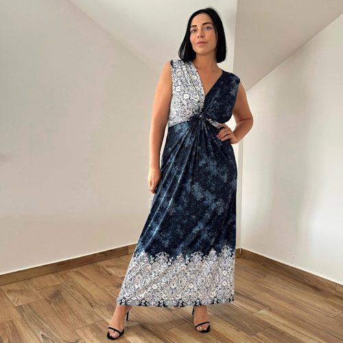Barby V-nyakú maxi ruha - fehér-farmerkék mintás