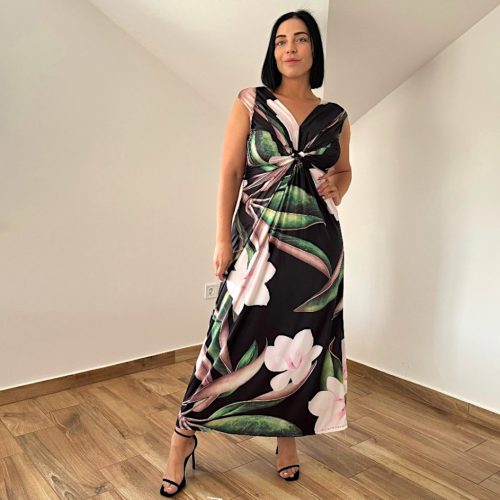 Barby V-nyakú maxi ruha- fekete virág mintás
