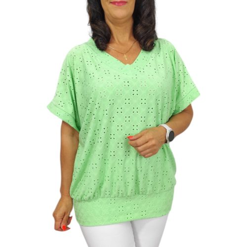 Big plus size V-nyakú felső- almazöld madeira mintás