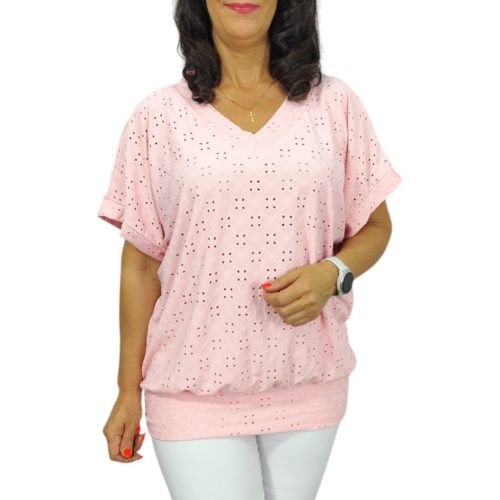 Big plus size V-nyakú felső- babarózsaszín madeira mintás