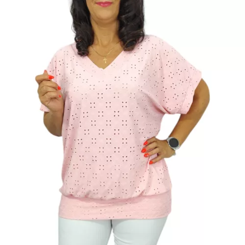 Big plus size V-nyakú madeira mintás felső - babarózsaszín 