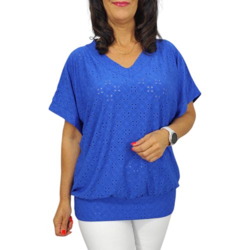 Big plus size V-nyakú felső- királykék madeira mintás