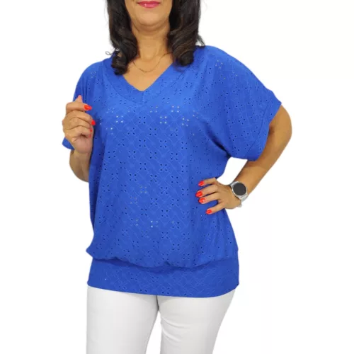 Big plus size V-nyakú madeira mintás felső -  királykék 