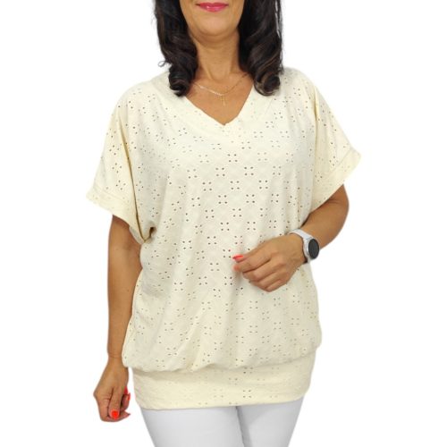 Big plus size V-nyakú felső- krémszínű madeira mintás