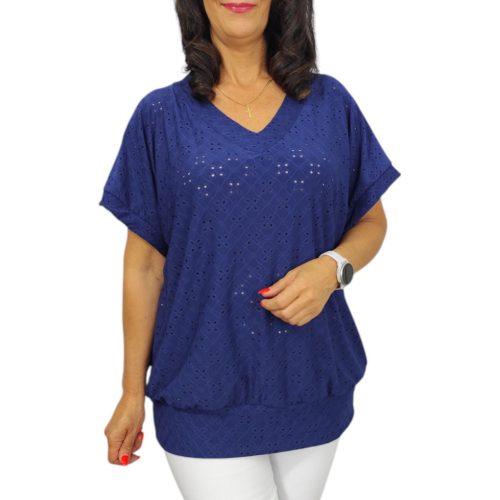 Big plus size V-nyakú felső- sötétkék madeira mintás