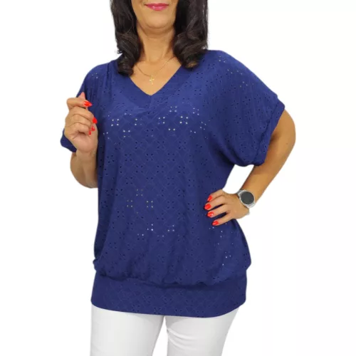 Big plus size V-nyakú madeira mintás felső - sötétkék