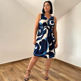 Barby V-nyakú midi ruha- sötétkék mintás