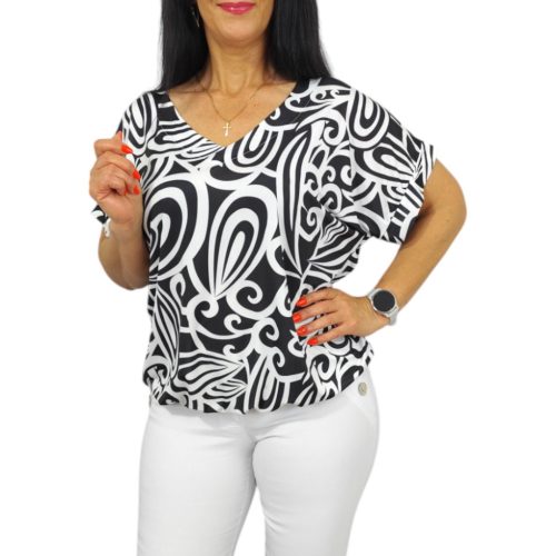 Donna elől-hátul V-nyakú felső – Fekete mintás