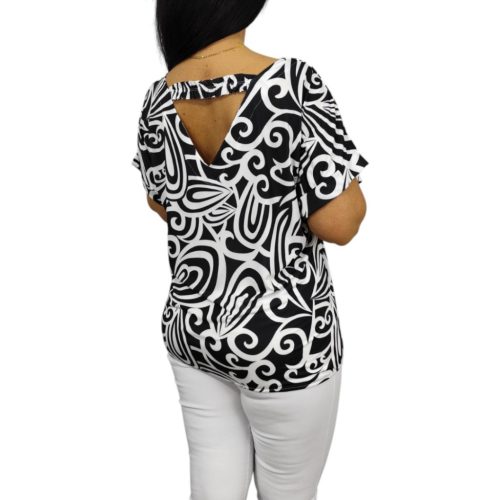 Donna elől-hátul V-nyakú felső – Fekete mintás