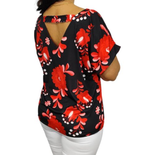 Donna elől-hátul V-nyakú felső – Piros matyó mintás