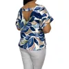 Donna elől-hátul V-nyakú felső – Kék levélmintás