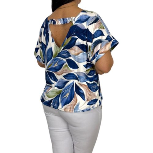 Donna elől-hátul V-nyakú felső – Kék levélmintás