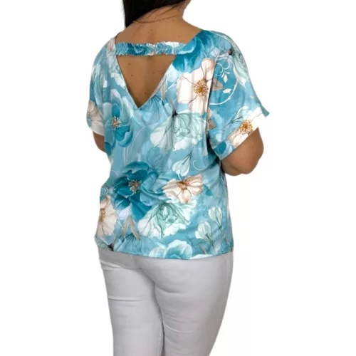 Donna elől-hátul V-nyakú felső – Türkiz virágmintás