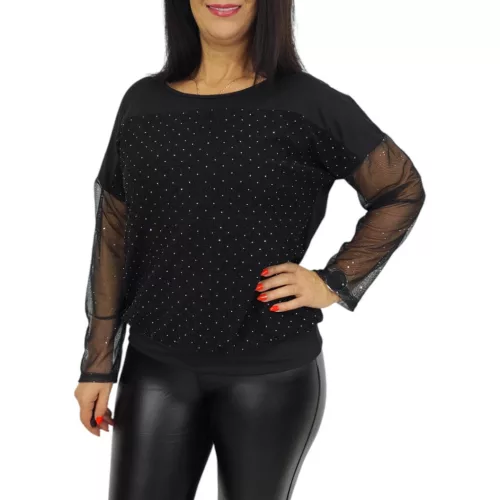 Diana lurex csillogó tüllujjú elegáns felső – Fekete